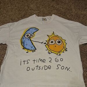 Pacific Sunwear White Tee with Blue and Yellow Cartoon Design